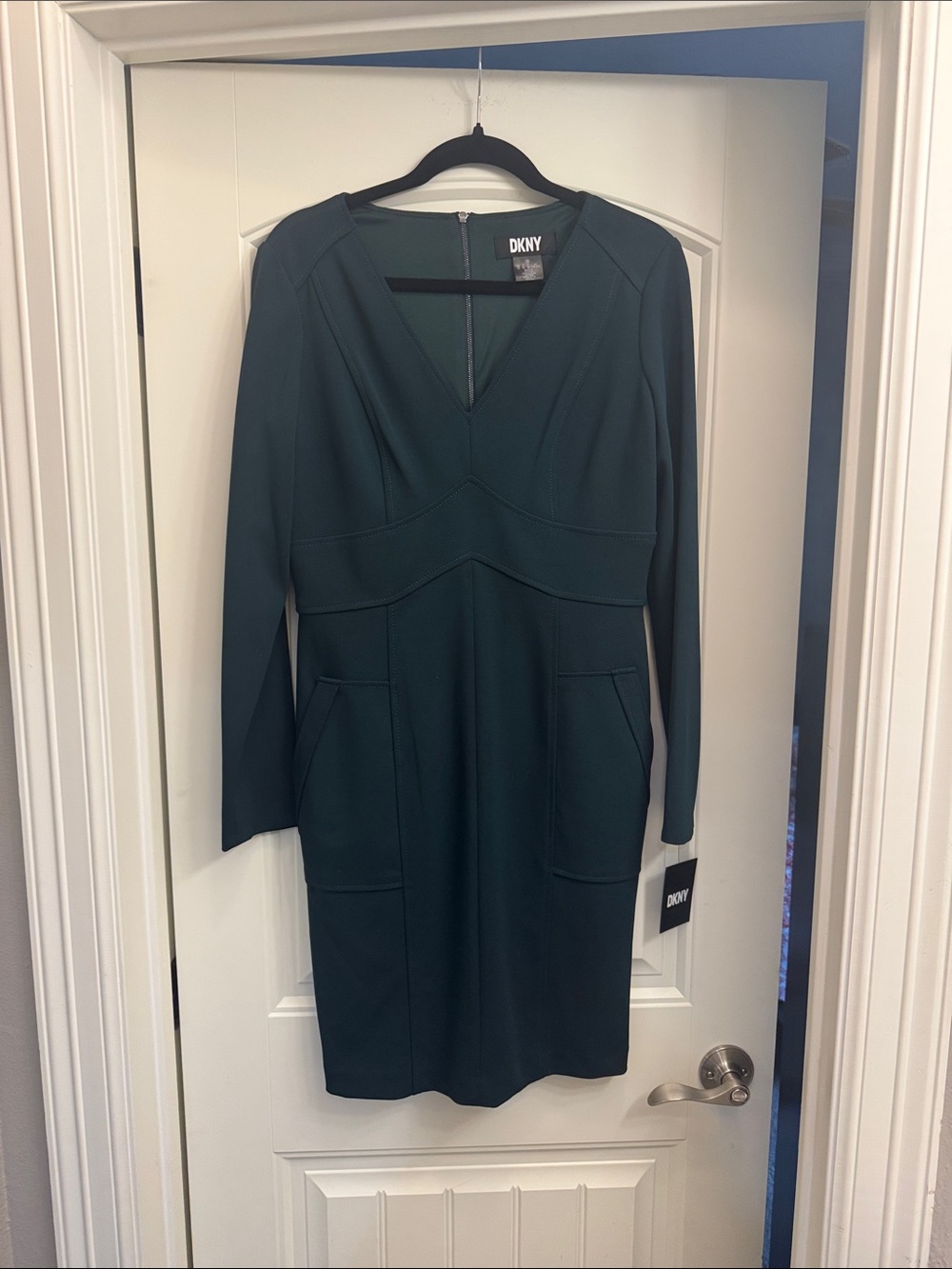 DKNY Green Long Sleeve V-Neck Sheath Dress, 10, New